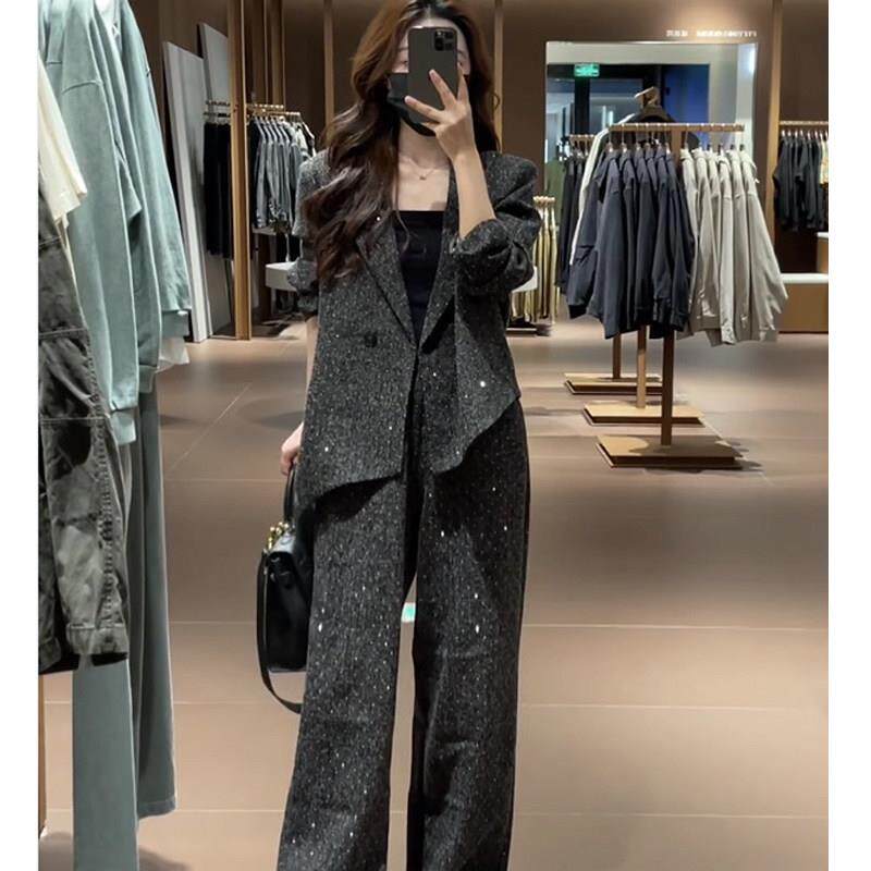 韩国女春夏时尚高级感繁星镶钻不规则西装套装气质休闲西服两件套