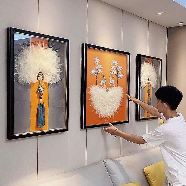 实物立体客厅沙发背景装饰画现代简约轻奢三联壁画菩提叶挂画