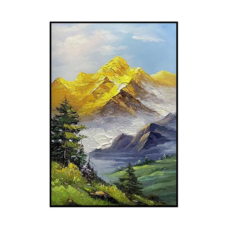 纯手绘油画日照金山客厅玄关落地装饰画手工绘制背有靠山成品挂画