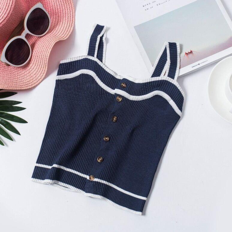 summer block button ribbed blouses casual square color down