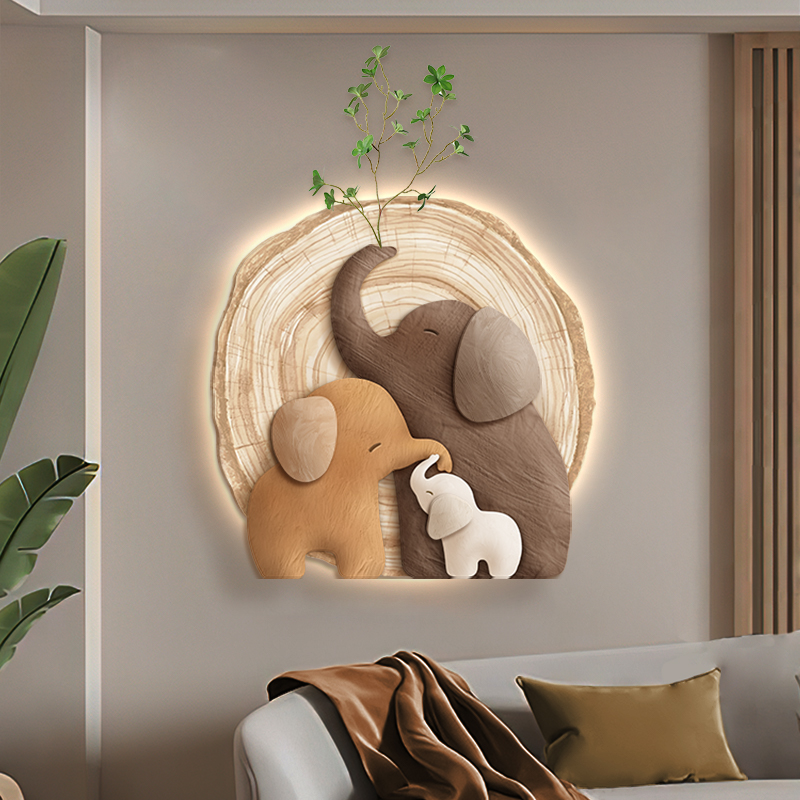 侘寂风大象玄关装饰画立体砂岩实物画走廊过道挂画中古高端壁灯画