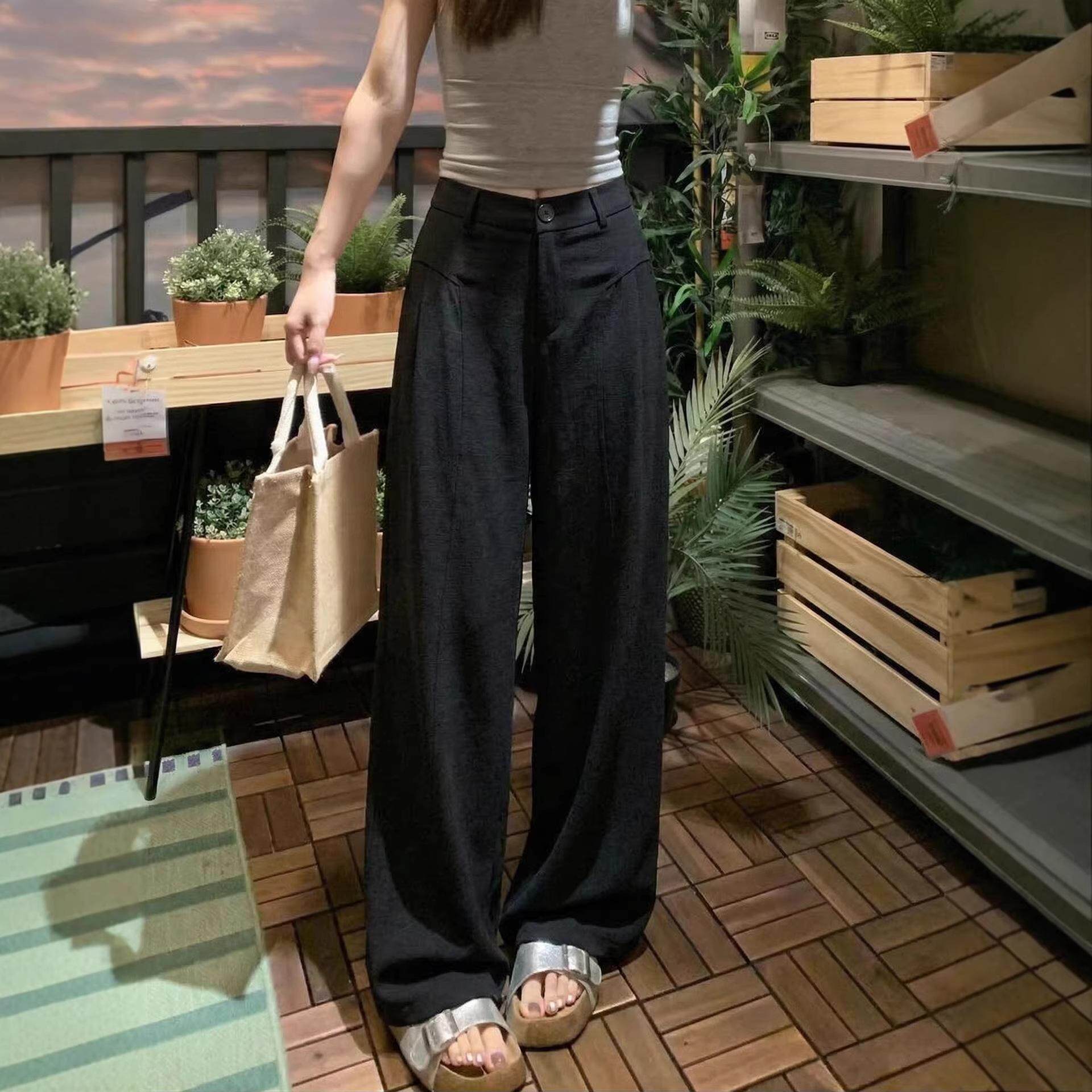 黑色亚麻西装裤女新款夏季薄款高级感垂感休闲直筒窄版阔腿裤