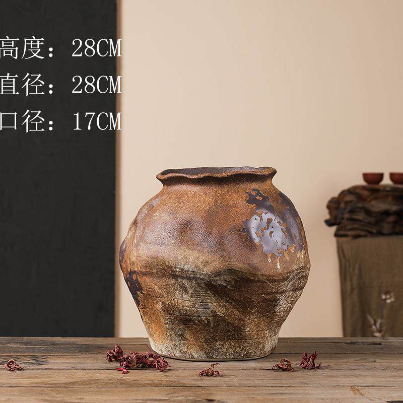 高档粗陶陶瓷花瓶台面插干花覆寂酒古怀旧侘风禅意手工民宿店花燥