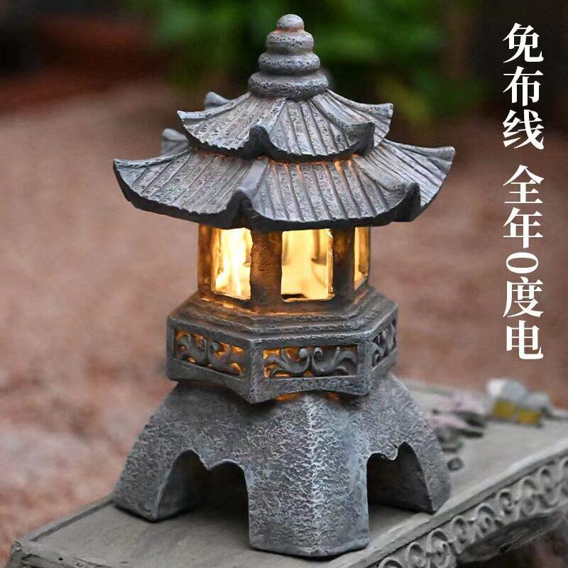 新款太阳能庭院灯中式禅意石塔装饰摆件花园庭院树脂工艺品户外灯