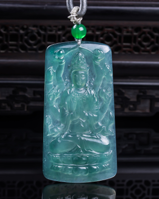 天然真品翡翠冰蓝水天空蓝高端精品玉石闪拍千手观音玉吊坠18.65g