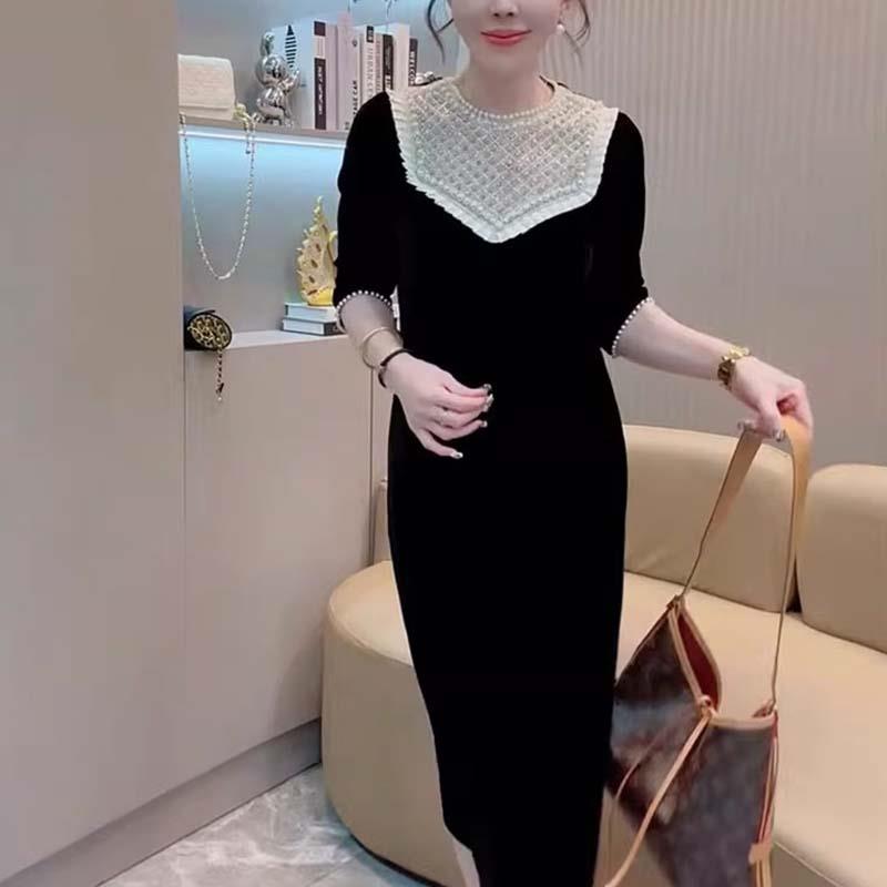 极速2026春秋季款欧货丝绒连衣裙女减龄重工钉珠气质名媛五分袖礼
