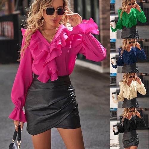 Women's Long Sleeve Chiffon Blouse - V-Neck, Ruffle Dress