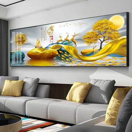 定做晶瓷镶钻客厅画沙饰发壁墙面装画招麋鹿版画财大气横卧室挂床