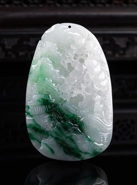 缅甸天然真品翡翠冰飘花高端精品厚装珠宝闪拍山水牌玉吊坠44.78g