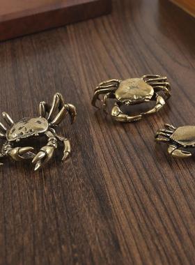 纯铜螃蟹摆件新款实心横财将军居家办公茶宠茶桌复古黄铜工艺品