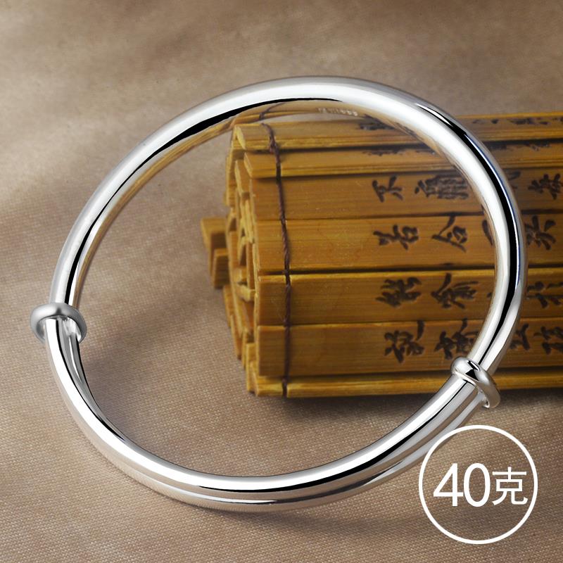 正品99银手镯9女年轻款宽面饰光面实心手手镯纯推拉银镯子送妈妈