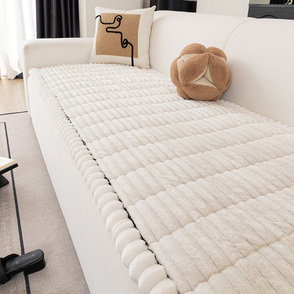 北欧简约秋冬毛绒纯色条纹加厚法兰绒防滑不粘毛沙发垫坐垫沙发套