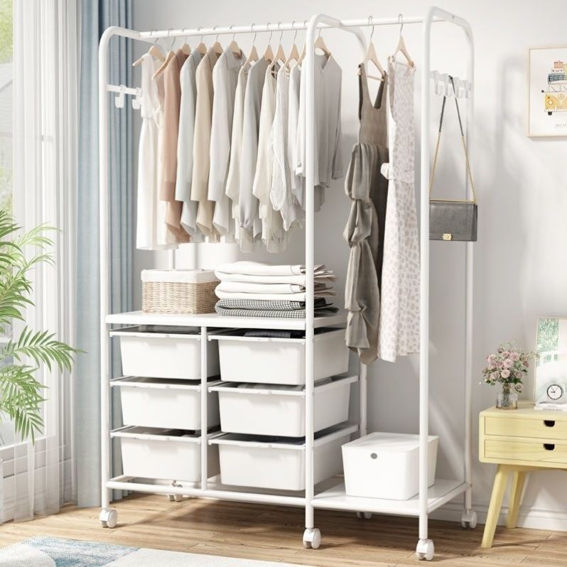 衣帽架家用卧室收纳可移动衣柜宿舍衣架落地衣架带抽屉铁艺加固