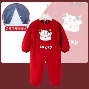 儿童连体罩衣秋冬季男童宝宝画画防水防脏婴儿爬行爬爬服女童外穿