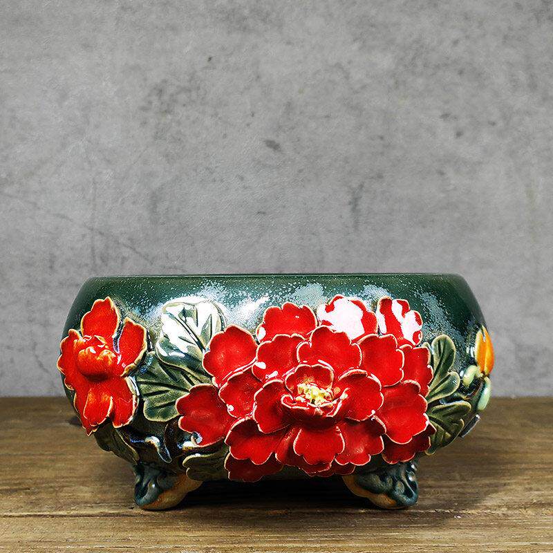 岭南石湾花盆贴花雕花冰裂釉面陶瓷手工21中式26口径浅鼓圆盆景盆