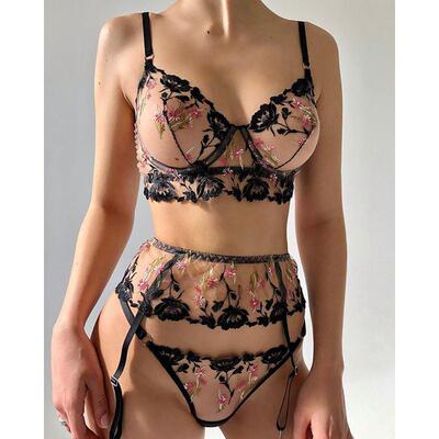 Erotic lingerie sexy female lace underwear three-piece set