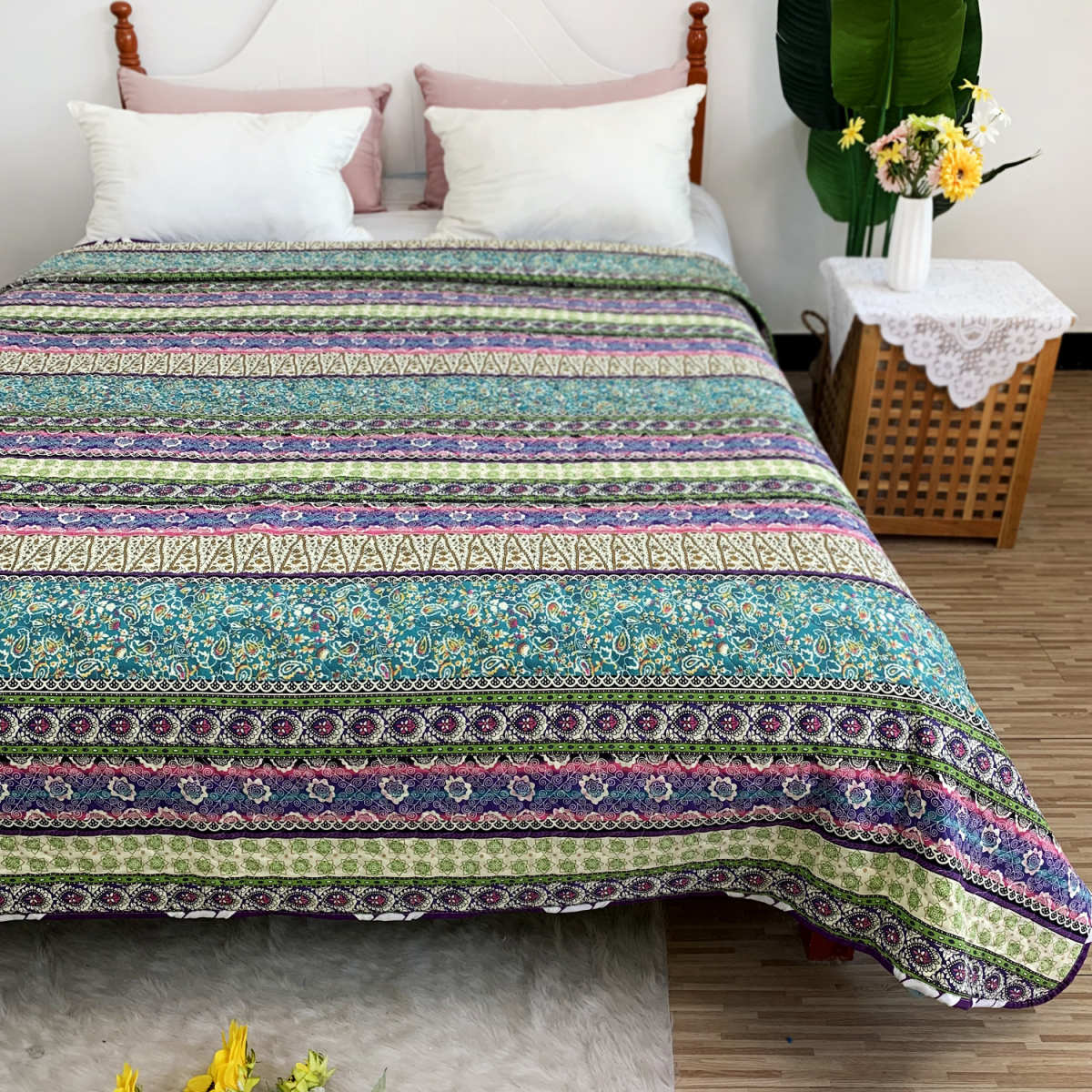 厂家直销浦江绗缝被 化纤单件喜庆花纹床单批发床盖式床单盖毯源