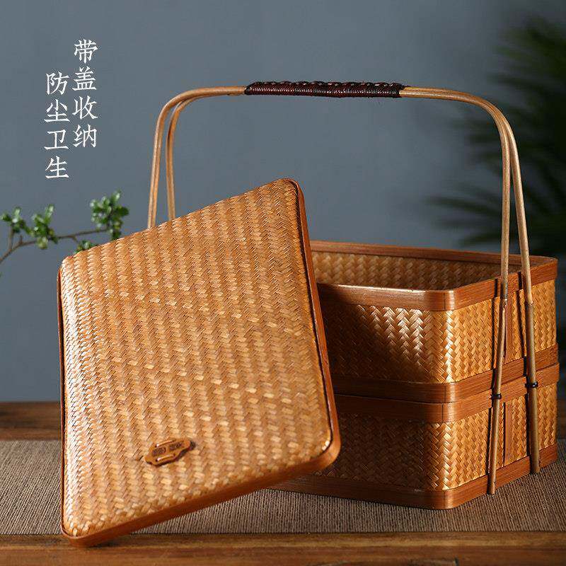 覆古手工竹编提篮竹制食盒便携茶点盘中秋月饼茶具收纳篮子竹篮子