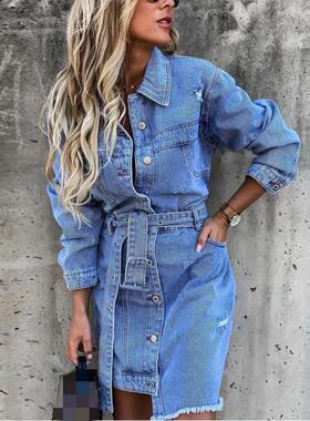 Cowboy collar long sleeved single dress 牛仔翻领长袖单连衣裙