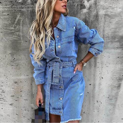 Cowboy collar long sleeved single dress 牛仔翻领长袖单连衣裙