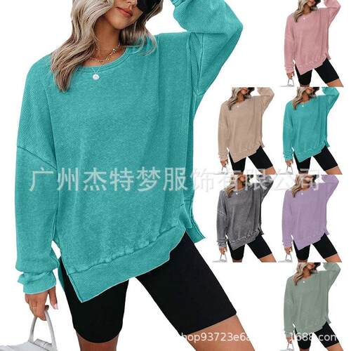 Women Plus Size Rib Knit Sweatshirts Long Sleeve Crew Neck