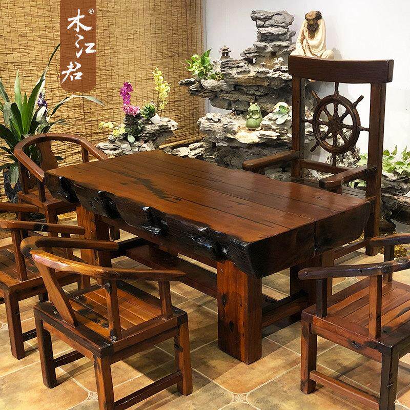 木江君老船木茶几椅新中式实木板桌客厅豪华方大木板桌原木榫卯