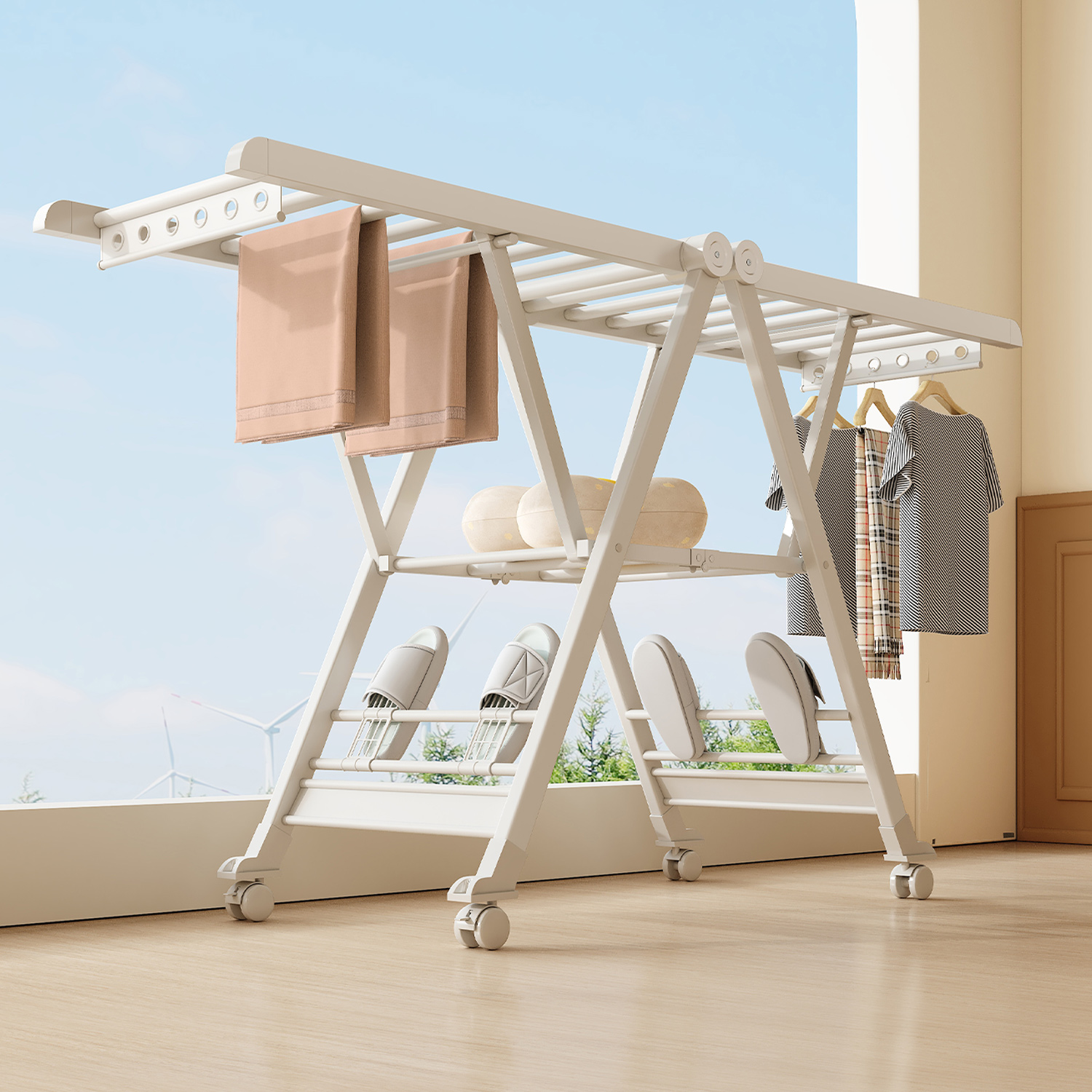 折叠晾衣架家用落地铝合金阳台卧室晒衣架室内凉衣架晒被