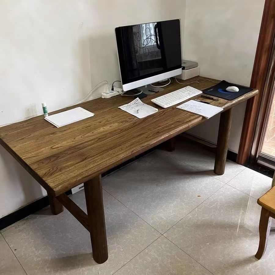 复古色实木电脑桌家用老榆木家具书桌写字台长方形风化平板电脑桌