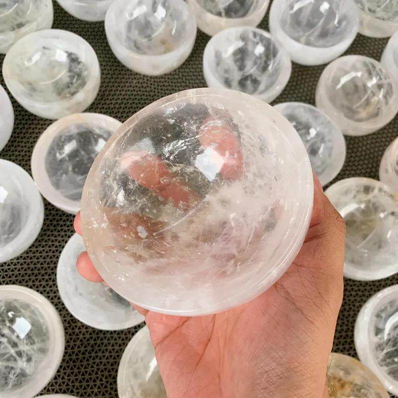 天然白水晶碗雕刻件 白水晶原石打磨供佛消磁碗 水晶碗工艺品摆件