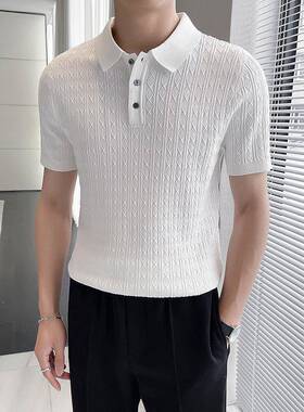 轻奢夏季薄款冰丝针织白色polo衫男短袖修身提花纹翻领t恤男0615k