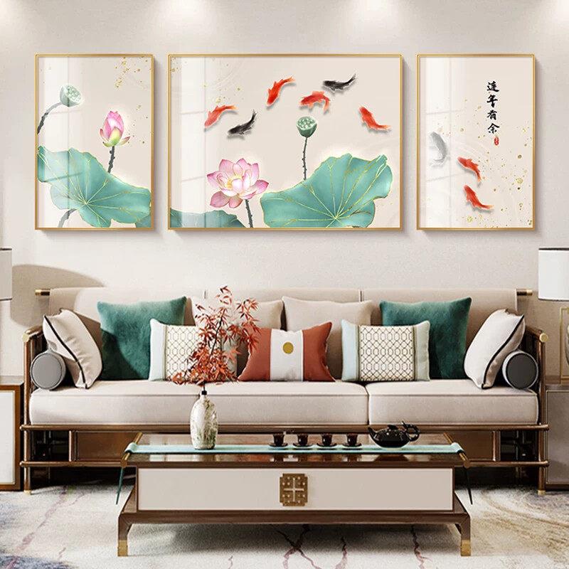 荷花九鱼图客厅装饰画新中式沙发背景墙挂画中国风现代组合壁画