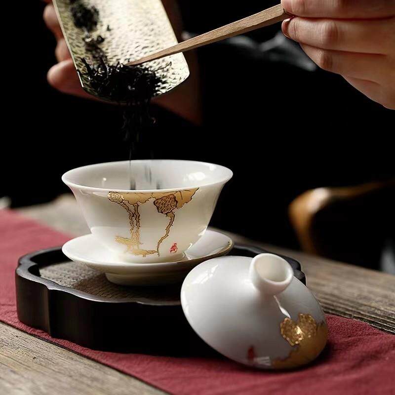 高档复古羊脂玉白陶瓷三才盖碗茶具单个泡茶碗防烫大号敬茶杯家用