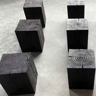 方形实木黑碳化根雕复古木墩凳子花架民宿酒店玄关艺术摆件侘寂风