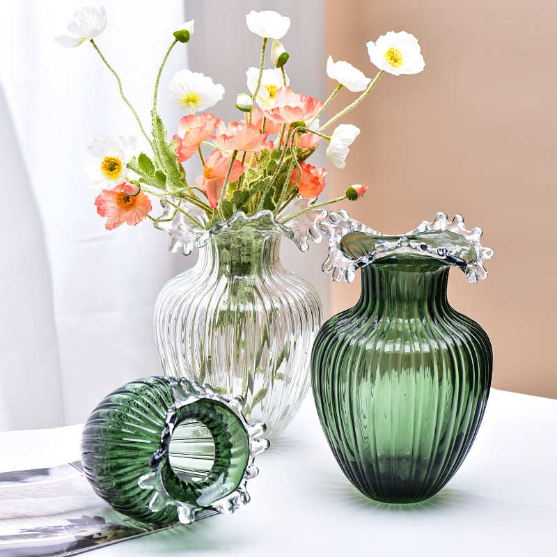 透明玻璃摆件客厅插花花器家用翻边波浪口花瓶轻奢装饰彩色花瓶
