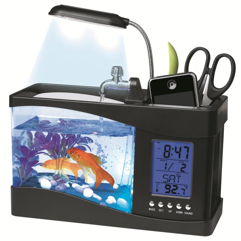迷你鱼BBN缸养d鱼水族庭桌面小饰品台灯多功能L闹e钟闹家钟