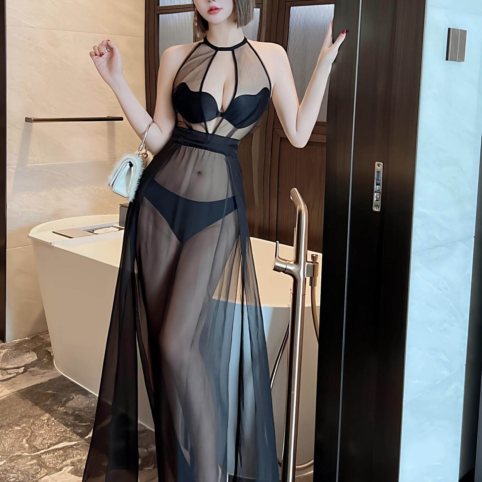 性感暴露女装夜场连衣裙夜总会桑拿足疗技师工作服开叉透视长裙