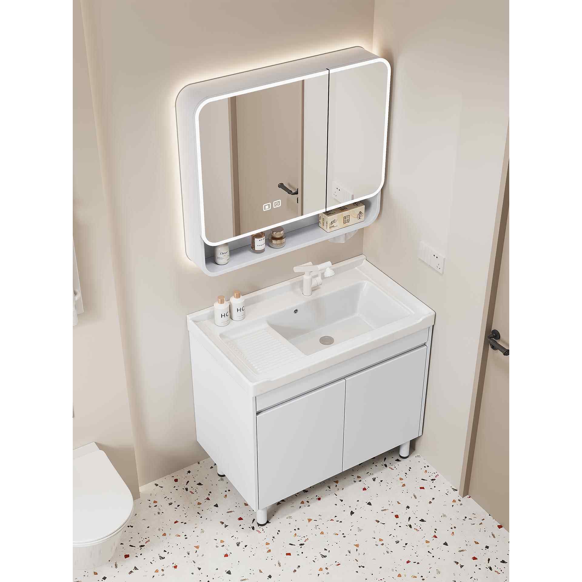 加厚蜂窝铝洗衣柜陶瓷一体盆带搓衣板洗脸盆落地浴室柜阳台洗手盆