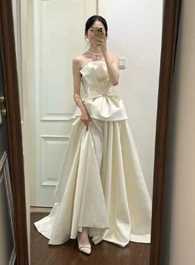 法式抹胸蝴蝶结轻婚纱2026新款新娘结婚订婚白色出门外景订婚礼服