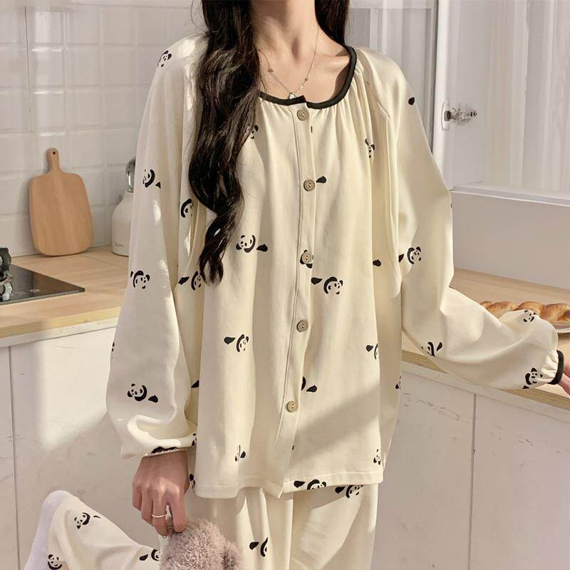 带胸垫月子服夏季哺乳孕妇睡衣春秋大尺码待产出院圆领甜美产后哺