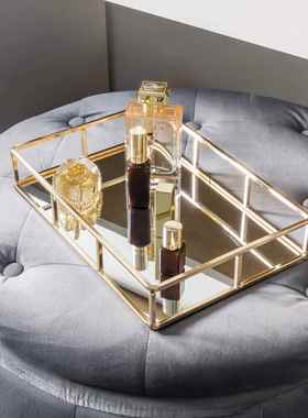 亚马逊现货镜面托盘收纳盒整理化妆品玄关钥匙收纳摆件金属托盘