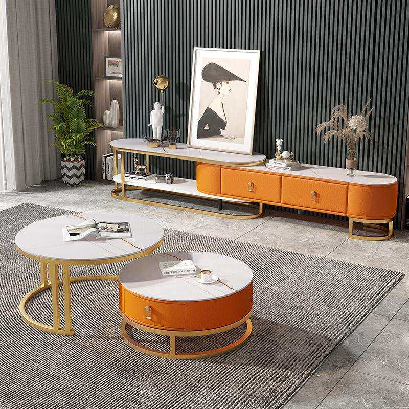 轻奢茶几电视柜组合可伸缩岩板现代简约小户型客厅家用圆形茶几J^
