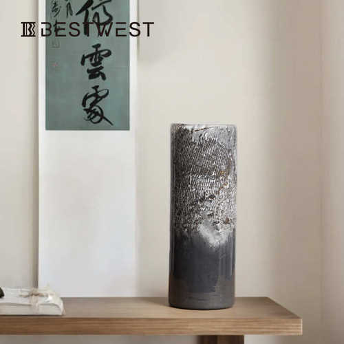 Best west 烟灰大理石纹理直筒圆柱花瓶 高档轻奢样板间软装饰品