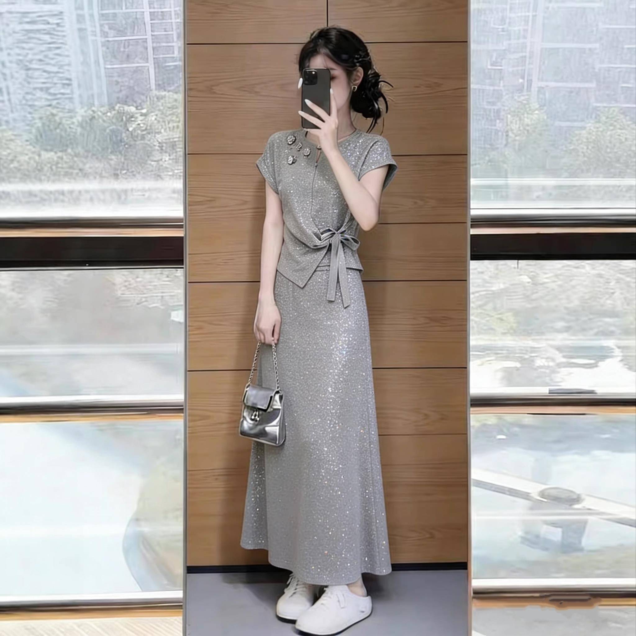 欧洲站2026新款夏装搭配一整套高级感灰色洋装子两件套小众设计