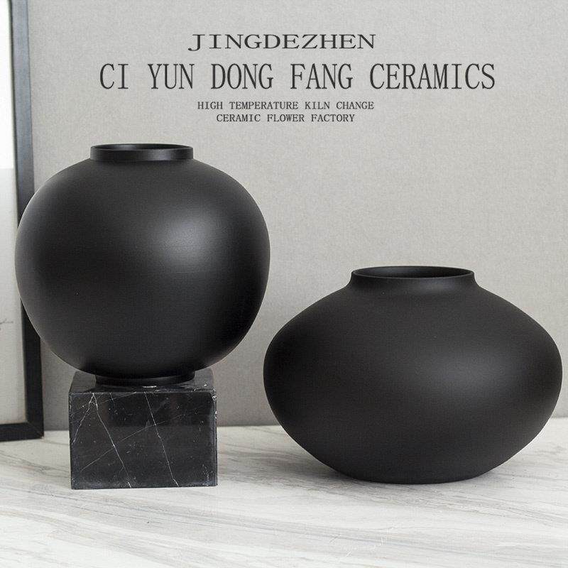 新中式简约陶瓷哑光黑色陶罐花瓶高级感客厅饰品轻奢插花中古摆件