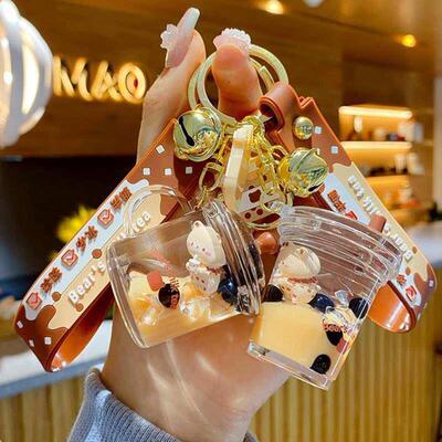 Cartoon Oiled Pearl Milk Tea Cup Bear Keychn Brown Fashion