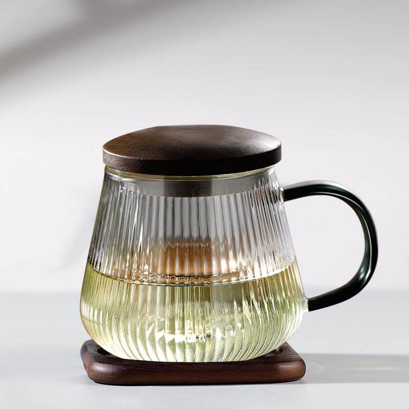 竖纹加厚玻璃杯泡茶杯茶水分离复古木盖玻璃杯带把三件杯家用