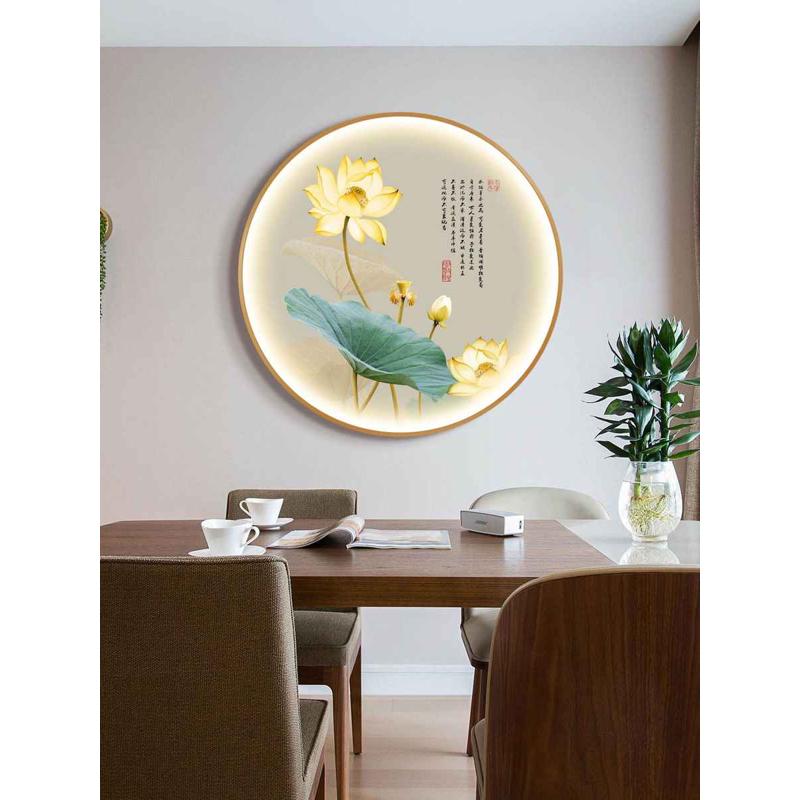 金色荷花带灯装饰画新中式圆形壁画餐厅茶室卧室走廊玄关莲花挂画图片