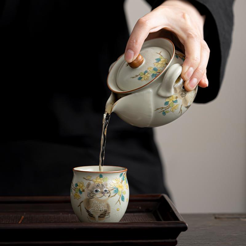 汝窑猫咪手抓壶开片可养泡茶器家用防烫大容量功夫茶具陶瓷泡茶壶