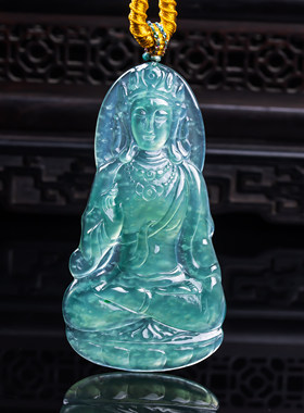 天然真品翡翠冰种蓝水天空蓝满色高端闪拍观音度母玉石吊坠17.49g