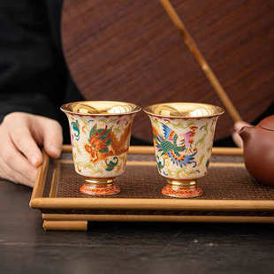 珐琅彩鎏金龙凤主人杯 泥人述 功夫茶具高足白瓷轻奢单杯送礼茶盏